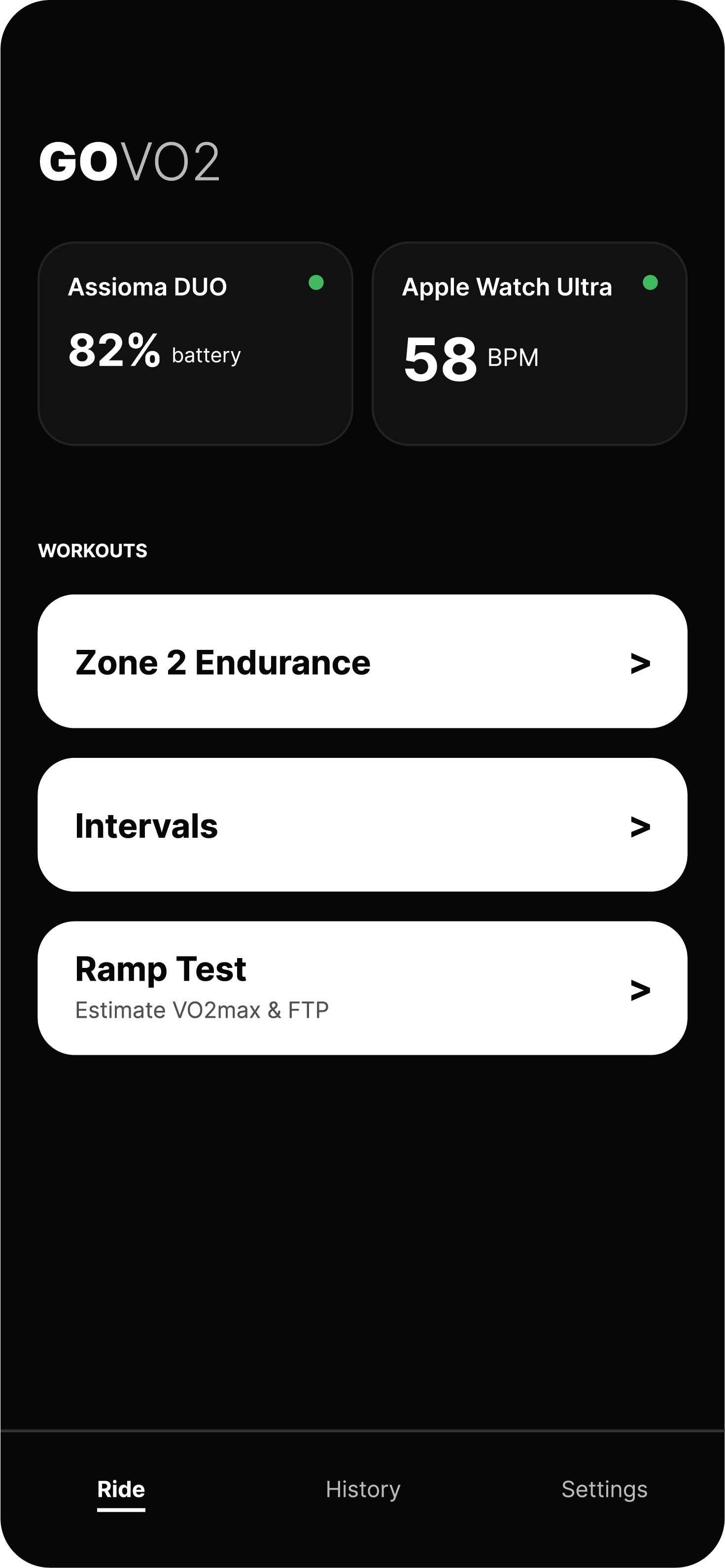 GOVO2 start screen showing connected devices and workout options